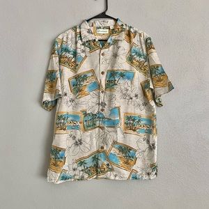 Caribbean Beige Tropical Print Casual Button-Down Shirt with Blue & Gold Accents